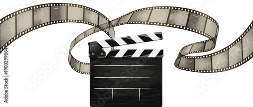 Movie Clapperboard with Vintage Film Strip Vector Illustration for Cinema Production Graphic Design Isolated on White Background