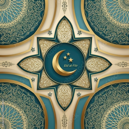Wallpaper Mural Eid al-Fitr celebration, gold crescent moon and stars, blue and gold ornate mandala, holiday tradition, cultural heritage, graphic design element. Torontodigital.ca