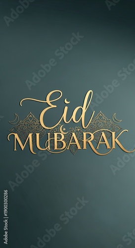 Wallpaper Mural Eid Mubarak Calligraphy Design Elegant gold lettering for the Islamic festival, with ornate crescent moon accents on a deep teal background. Festive art Torontodigital.ca