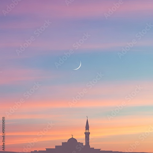 Wallpaper Mural Ramadan crescent moon and mosque silhouette against a pastel sunset, religious observance, peaceful scene, spirituality, contemplative moment. Torontodigital.ca