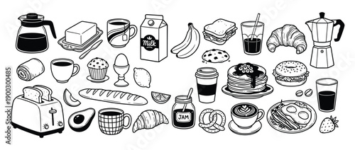Hand Drawn Breakfast Food and Drink Vector Illustration Set with Coffee Bread and Fruit for Cafe Menu Graphic Design Isolated on White Background