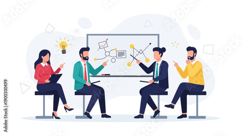 Business Team Brainstorming Strategy on Whiteboard with Ideas and Lightbulb