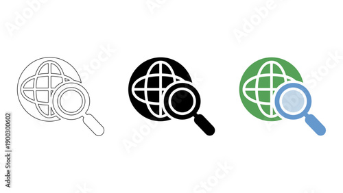 collection of three icons featuring magnifying glass and globe, symbolizing global search and information. The icons are