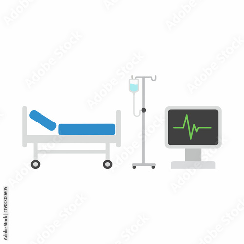Flat minimalist vector illustration of hospital room objects like bed, IV stand, and monitor