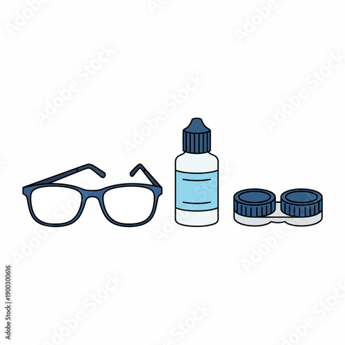 Flat vector illustration of vision care objects like eyeglasses, eye drops, and contact lens case