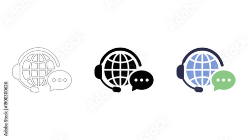 conceptual design for global online support services, featuring stylized globe with headset and chat bubbles in various