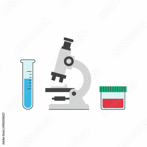 Flat vector illustration of healthcare laboratory objects such as test tube, microscope, and sample container