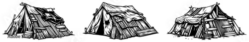 Old dilapidated wooden shacks and camping tents in engraving style