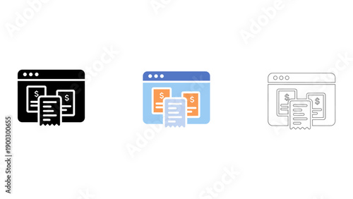 set of browser billing icons representing online invoicing and payment. Modern and clean design for web and mobile appli