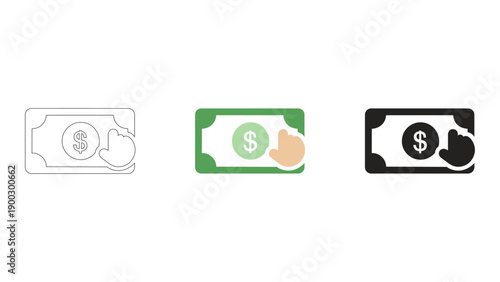 set of cash click icons representing selecting cash payment option, including green, black and white colors, used for di