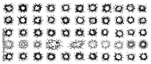 Bullet Hole Vector Illustration Set with Gunshot Marks and Ink Splatter Texture for Crime Scene or Action Graphic Design Isolated on White Background