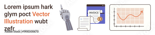 Robotics, automation, financial transactions, data analysis, business reports, futuristic design. Robotic hand, invoice document analytics chart with rising trend. Robotics and financial