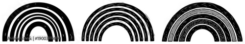 Set of three hand drawn rainbow arches with grunge texture in black and white vector style