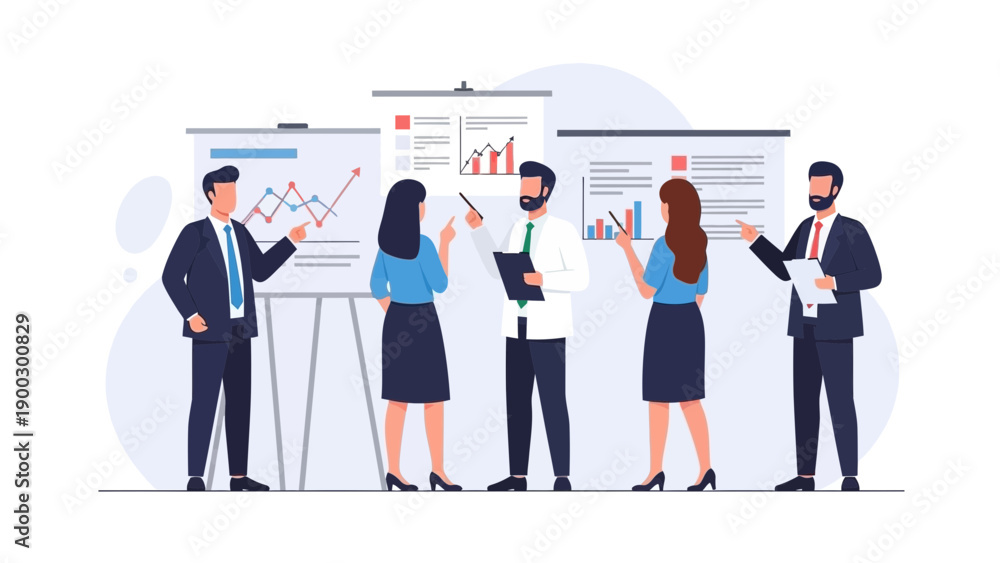 Obraz premium Business Team Discussing Growth Charts on Presentation Boards