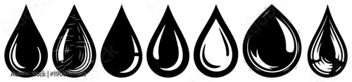 Set of various stylized water droplets and rain icons in monochrome