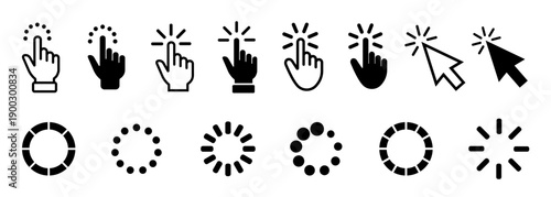 Cursor. Click icon. Clicking cursor or pointer icon. Arrow icons set and loading icons. Click mouse cursor icons. Vector illustration