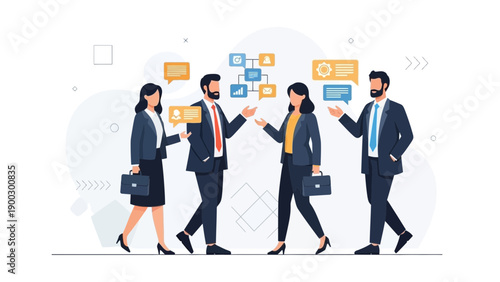 Business Team Discussing Ideas with Speech Bubbles and Flowchart