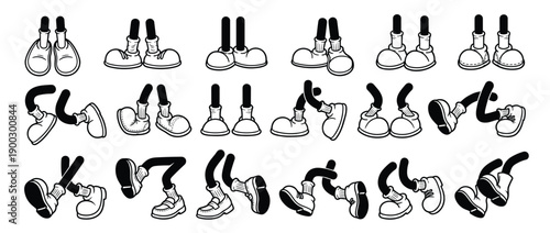 Vintage Cartoon Legs with Shoes Vector Illustration Set with Walking and Running Poses for Retro Mascot Character Design Isolated on White Background