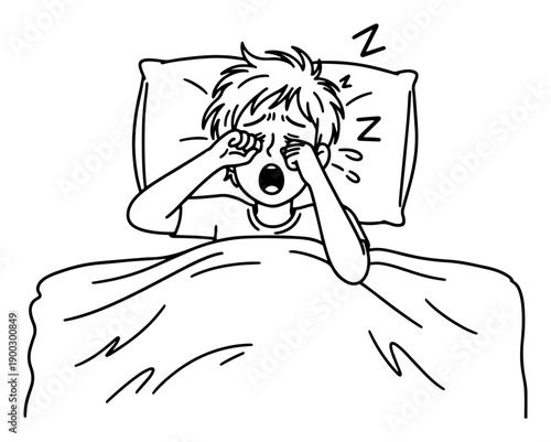 Hand drawn outline of tired boy waking up in bed yawning
