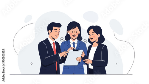 Business team discussing project on clipboard, modern flat illustration