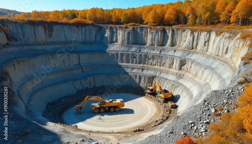 Massive quarry pit with yellow excavators and trucks digging rock. Autumn trees surround the vast industrial site. Heavy machinery works earth creating deep landscape.