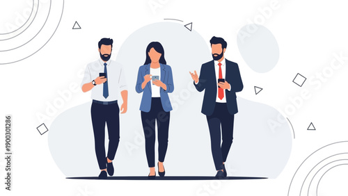 Business Team Walking Together with Smartphones, Modern Flat Illustration