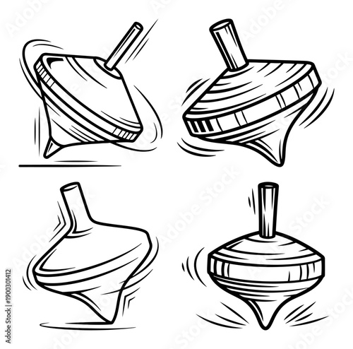 Set of hand drawn spinning top toys with motion lines