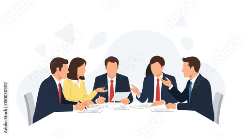 Business Team Meeting Discussion Around Table - Flat Design Illustration