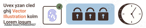 Cybersecurity, data protection, time management, authentication systems, password security, identity verification. Fingerprint, locks and clock symbols. Cybersecurity and data protection concepts