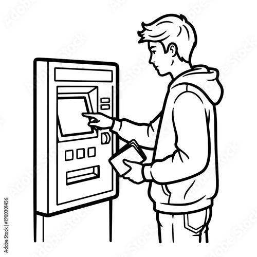 Young man using atm machine to withdraw cash black and white line art