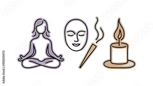 Serene illustration of yoga, self-care, and mindfulness with burning candle.