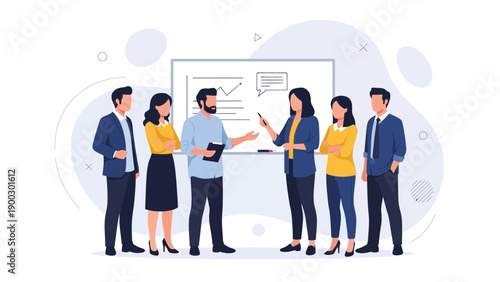 Business team meeting, planning strategy at whiteboard, diverse professionals collaboration