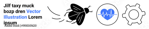 Healthcare, technology, entomology, anatomy, mechanics, minimalistic design. Black fly with motion lines, heart icon with pulse and cogwheel silhouette. Healthcare and technology concept