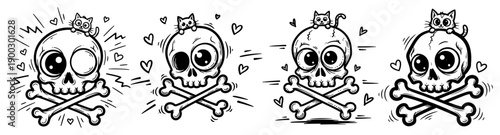 Set of cute cartoon skulls with crossbones and small cats on top