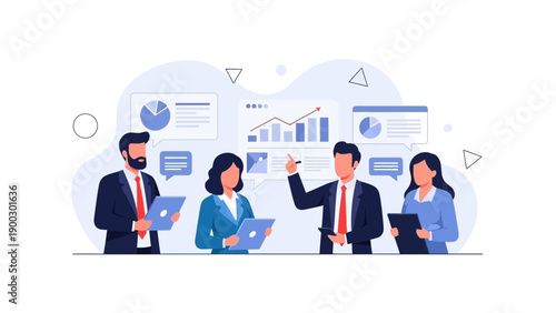 Business Team Meeting, Presentation, Analytics, Strategy, Collaboration, Flat Design