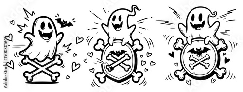 Set of cute cartoon ghosts posing with skull and crossbones symbols