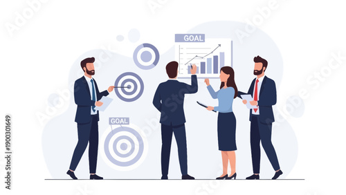 Business team planning strategy at whiteboard with goal chart and targets