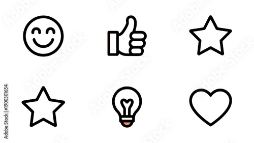 Collection of social media icons: like, heart, star, light bulb, smiley.