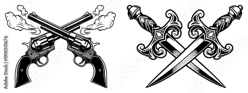 Crossed smoking revolvers and vintage ornamental daggers tattoo style