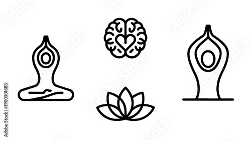 Yoga and meditation icons, representing balance and inner peace.