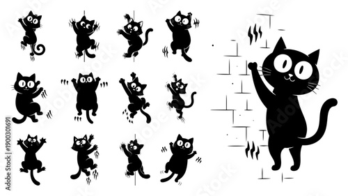 Set of funny black cats scratching wall and climbing silhouettes