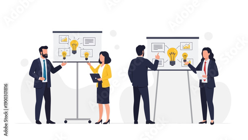 Business Team Presenting Ideas on Whiteboard with Lightbulbs