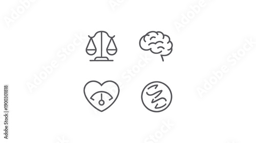 Four icons representing key aspects of balance, including law, mind, heart, and environment. 
