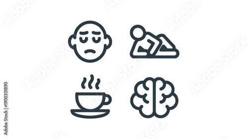 Line icons with a person feeling depressed, a person stretching, a coffee, and a brain.