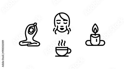 Illustration of Yoga, meditation, tranquility, and inner peace, represented by a woman, a cup, and a candle.