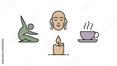 Wellness and balance concept with yoga posture, meditating person, burning candle, and a cup of warm drink.
