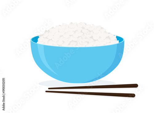 Vector illustration of a bowl of rice with chopsticks. Flat style isolated on white background, ideal for food, Asian cuisine, and menu designs.