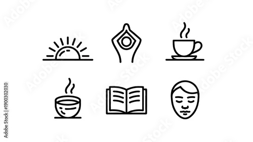 Collection of icons depicting morning routine items, focusing on the calm of the morning and peaceful start.