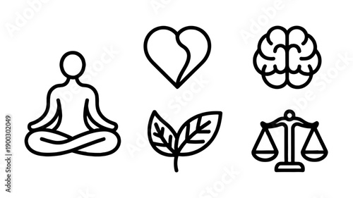 Yoga, a heart, brain, leaves, balance, and meditation icons represent health and well-being.