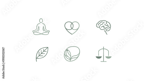 Minimalist icons representing mindfulness, well-being, and balance.